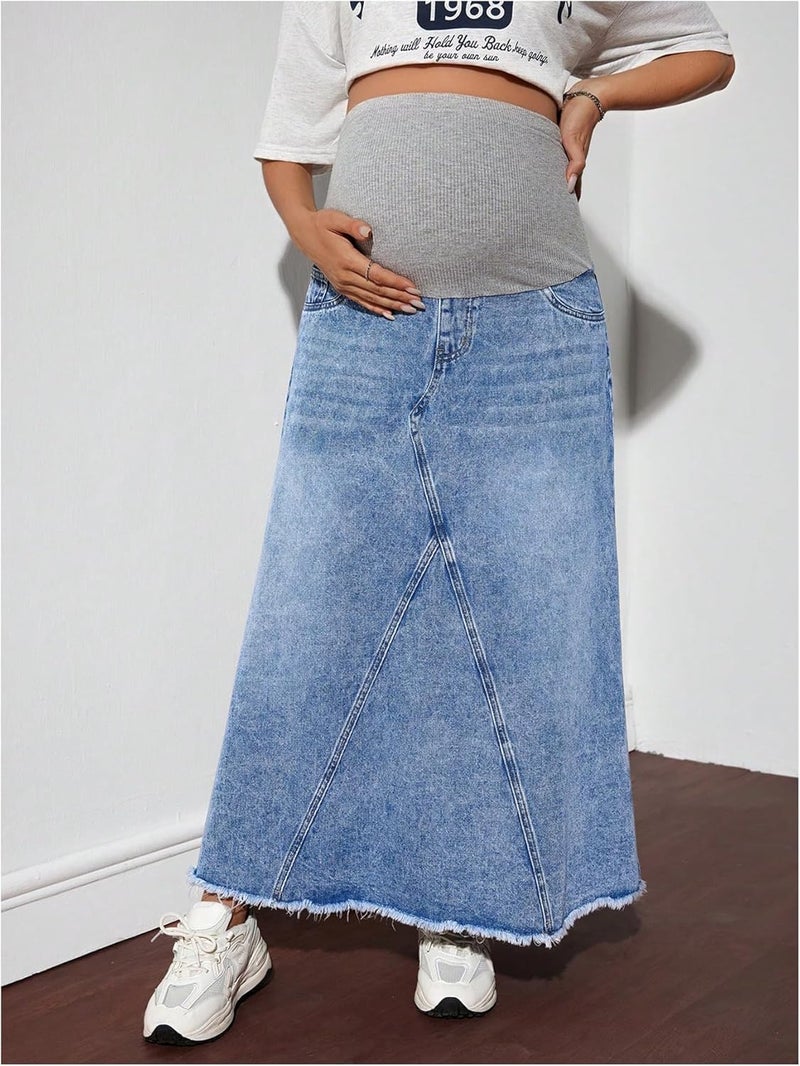 MakeMeChic Women's Maternity Jean Denim Maxi Skirt Pregnancy High Waisted A Line Adjustable Waist Long Skirts - Image 2
